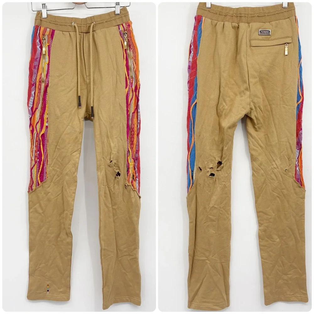 NWT COOGI Mens *FLAWED* Tan Multi-Color 3D Knit Streetwear Sweatpants Size S